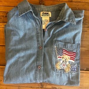 Vtg  Grandmacore Shirt with Embroidered Teddy Bear